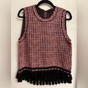 Zara Red and Black Tweed Fringe Tassel Sleeveless Blouse